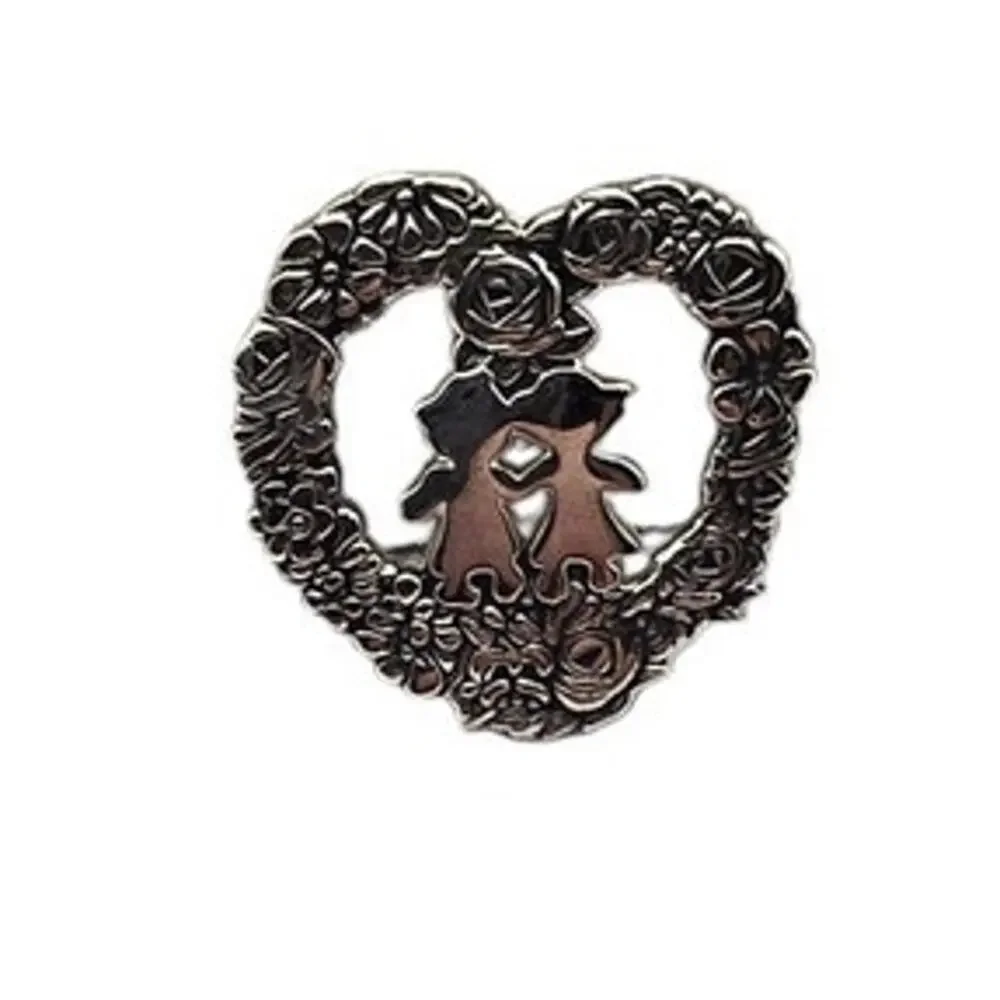 Heart Floral Wreath Brooch Girl Boy Silver Tone Romantic Cottagecore Pin